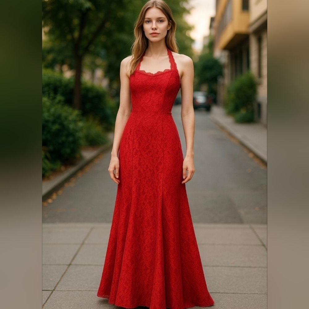 ZUM ZUM, NWT,Elegant Maxi Dress Red Lace Halter Dress. Size 4